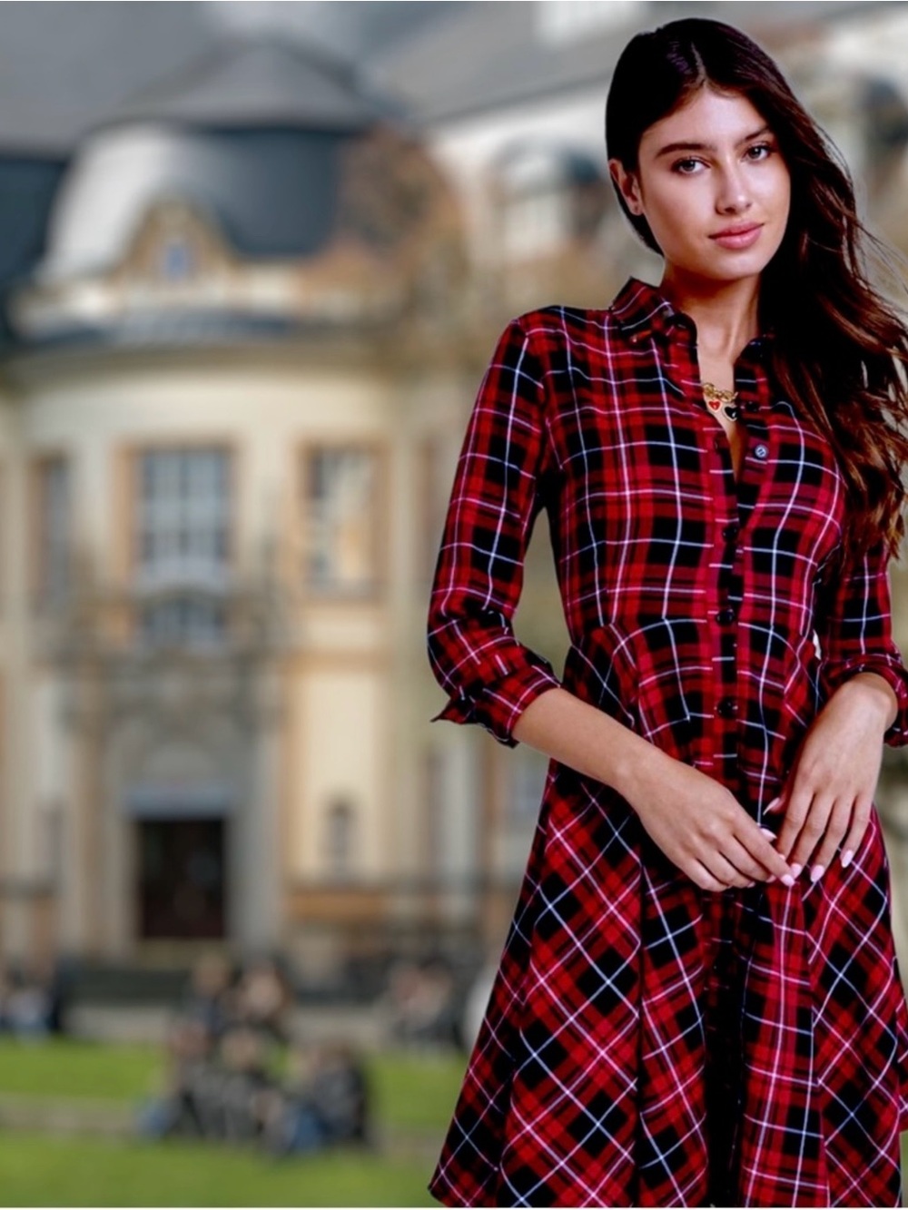 🌸V14 - Venus Red Plaid Button-Front Shirt Dress❤️🖤